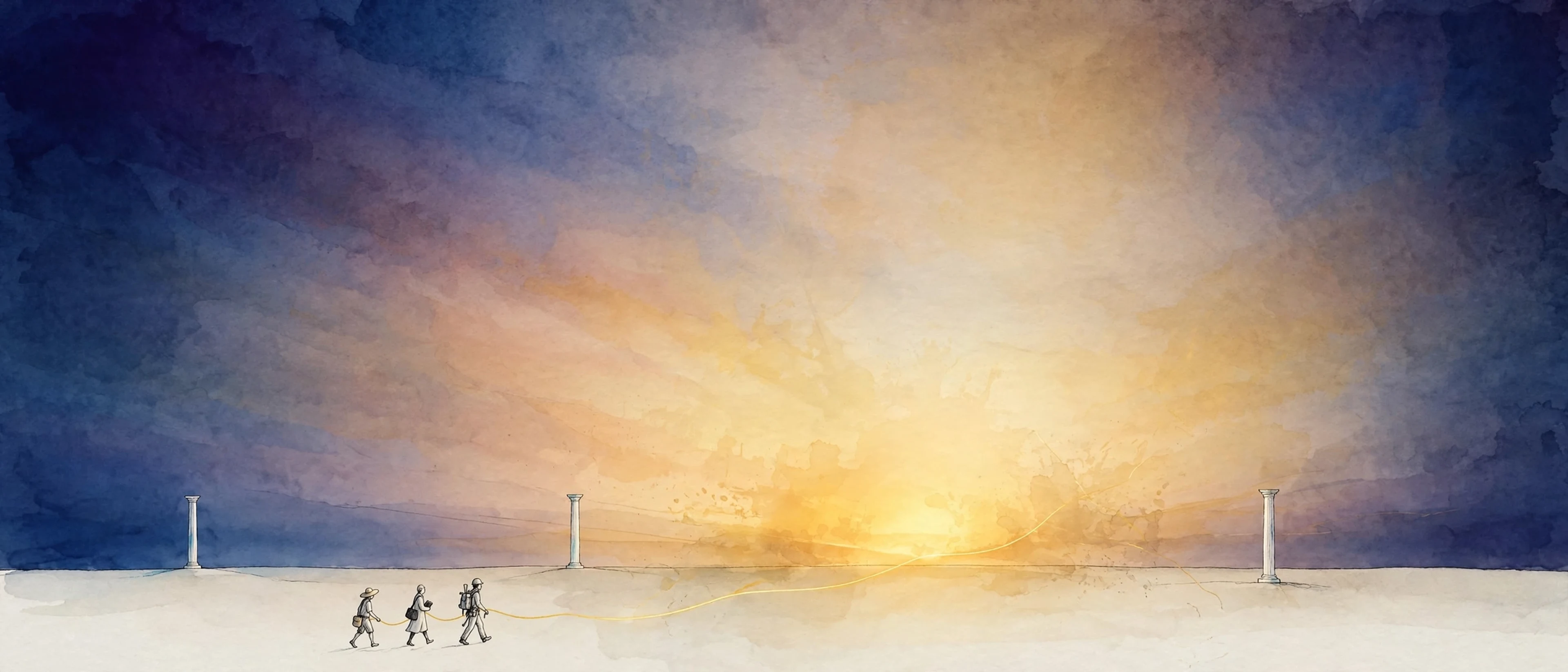 Illustration: automation lifting farmers, nurses, teachers, vendors and engineers toward a shared sunrise